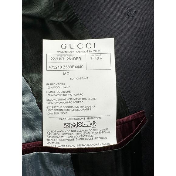 Gucci Mens Monaco Bee Logo Blue Wool 2 Piece Slim Fit Suit Jacket Pants 46 Italy - Picture 6 of 9